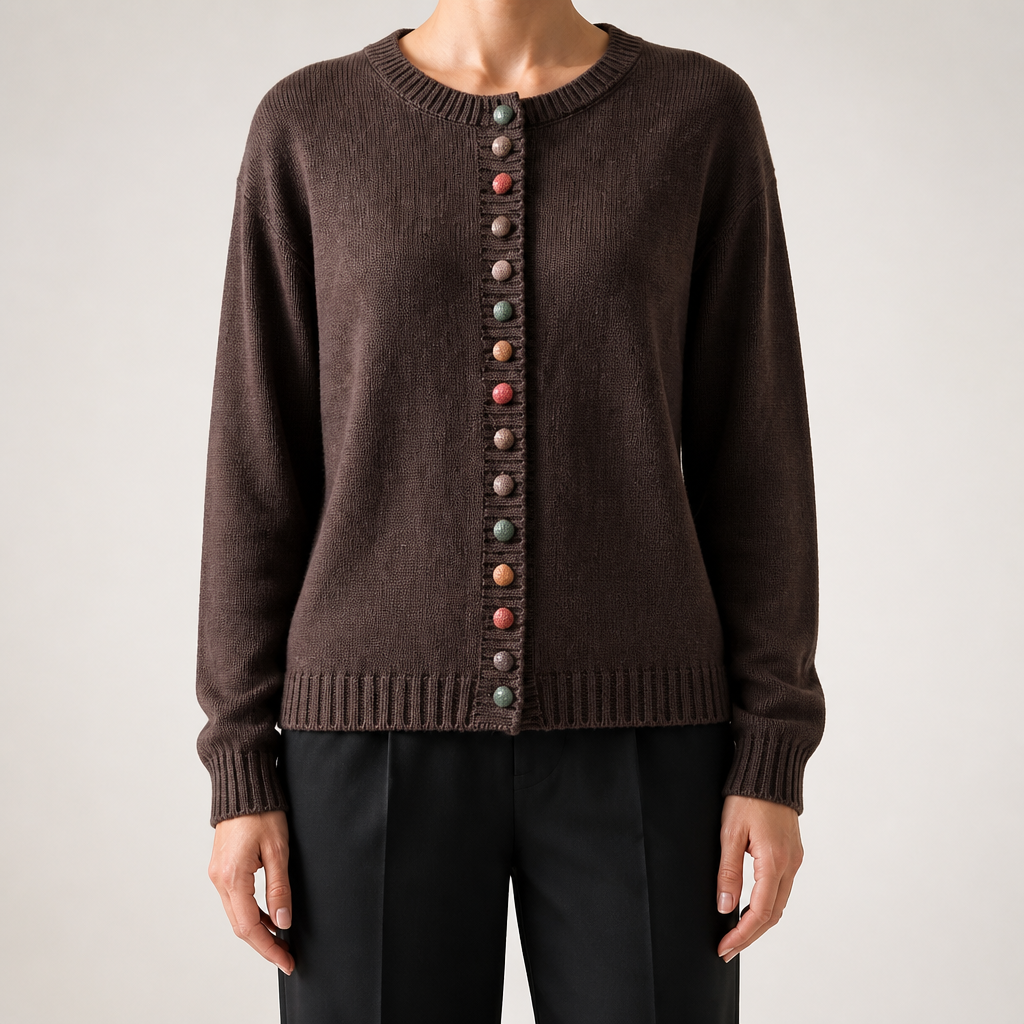Leann | Womens Button Front Knit Long Sleeve Cardigan Sweater, Brown