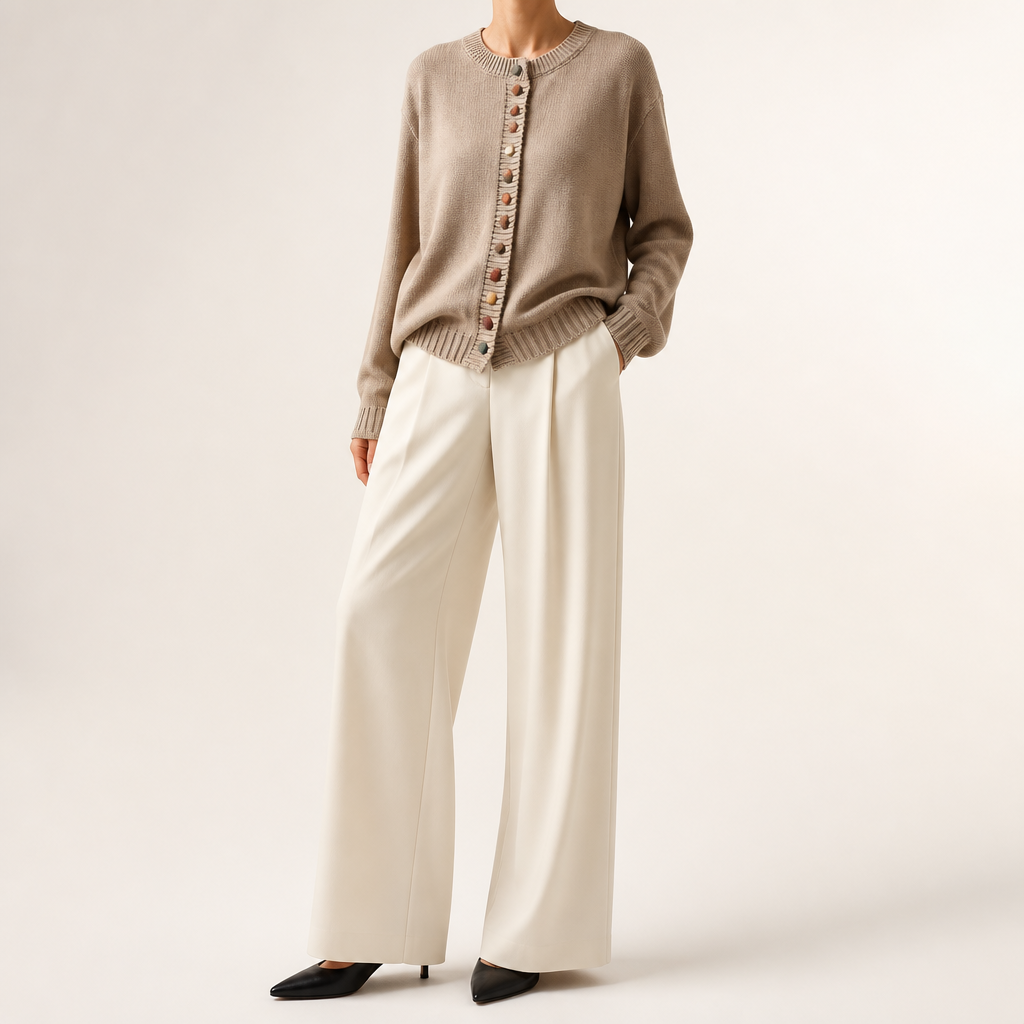 Leann | Womens Button Front Knit Long Sleeve Cardigan Sweater, Light Khaki