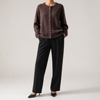Leann | Womens Button Front Knit Long Sleeve Cardigan Sweater, Brown