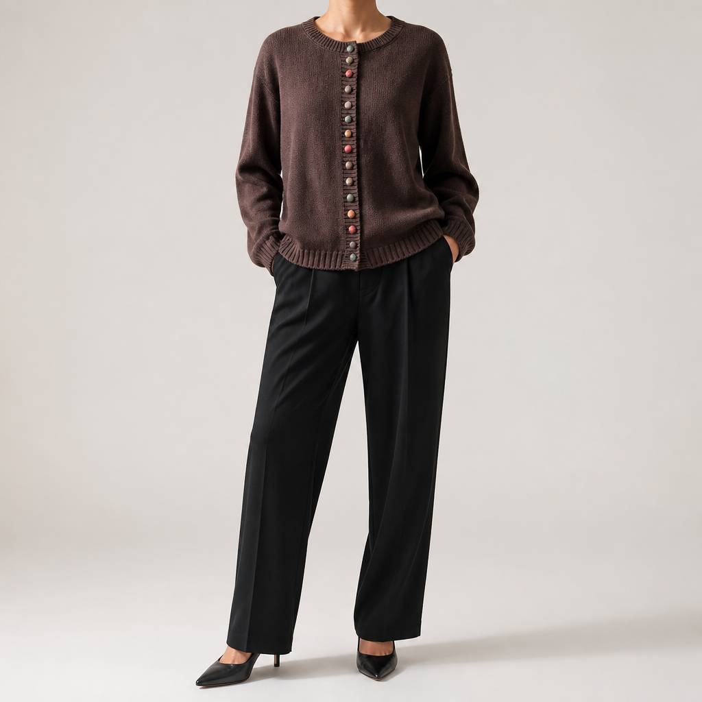 Leann | Womens Button Front Knit Long Sleeve Cardigan Sweater, Brown
