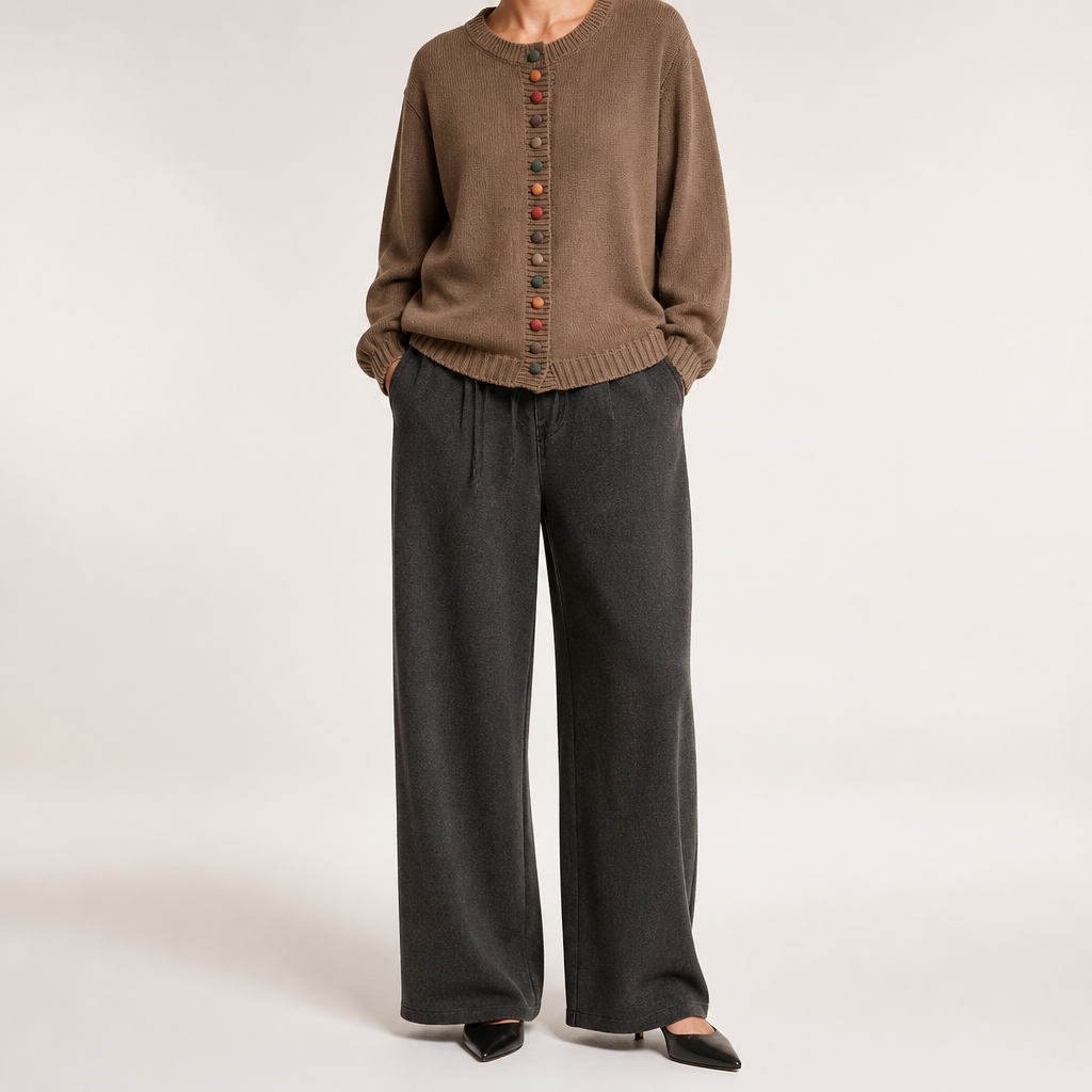Leann | Womens Button Front Knit Long Sleeve Cardigan Sweater, Khaki