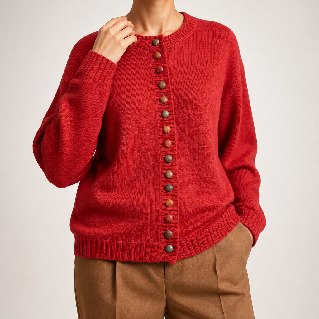 Leann | Womens Button Front Knit Long Sleeve Cardigan Sweater, Red