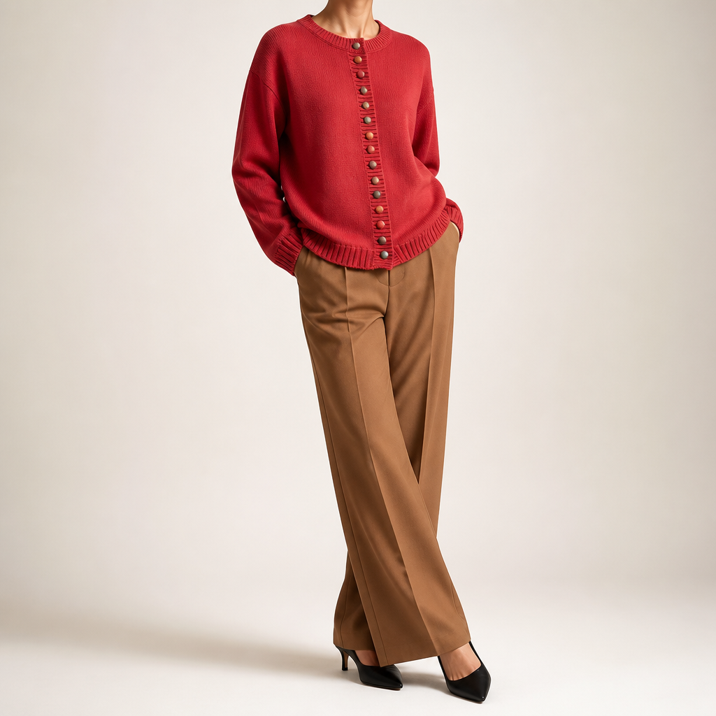 Leann | Womens Button Front Knit Long Sleeve Cardigan Sweater, Red