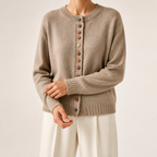 Leann | Womens Button Front Knit Long Sleeve Cardigan Sweater, Light Khaki