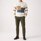 Leland | Mens Knitted Winter Warm Loose Contrast Colour Sweater, Pearl White