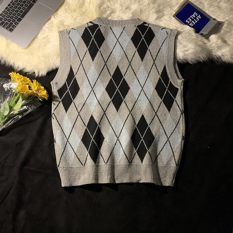 Leo | Mens Argyle Jacquard V Neck Knit Preppy Pullover Sweater Vest, Grey