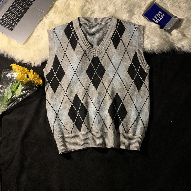 Leo | Mens Argyle Jacquard V Neck Knit Preppy Pullover Sweater Vest, Grey