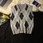 Leo | Mens Argyle Jacquard V Neck Knit Preppy Pullover Sweater Vest, Grey
