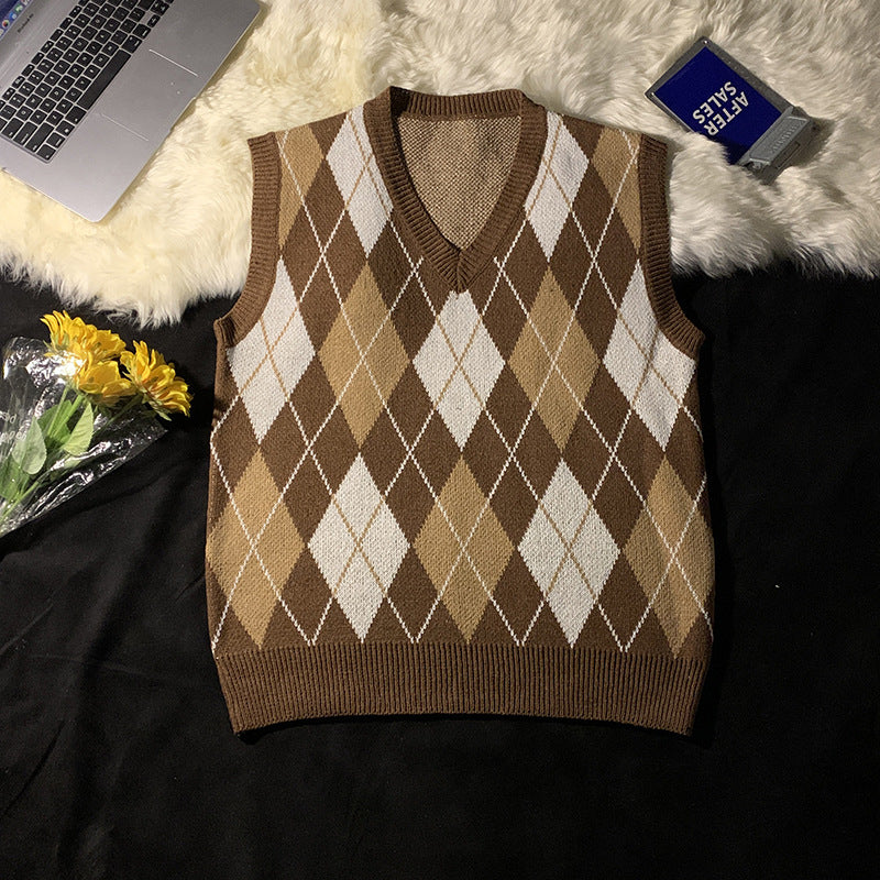 Leo | Mens Argyle Jacquard V Neck Knit Preppy Pullover Sweater Vest, Coffee