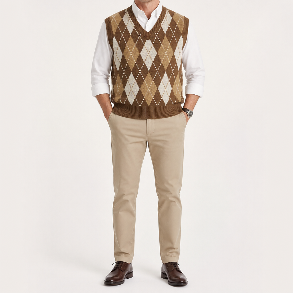 Leo | Mens Argyle Jacquard V Neck Knit Preppy Pullover Sweater Vest, Coffee