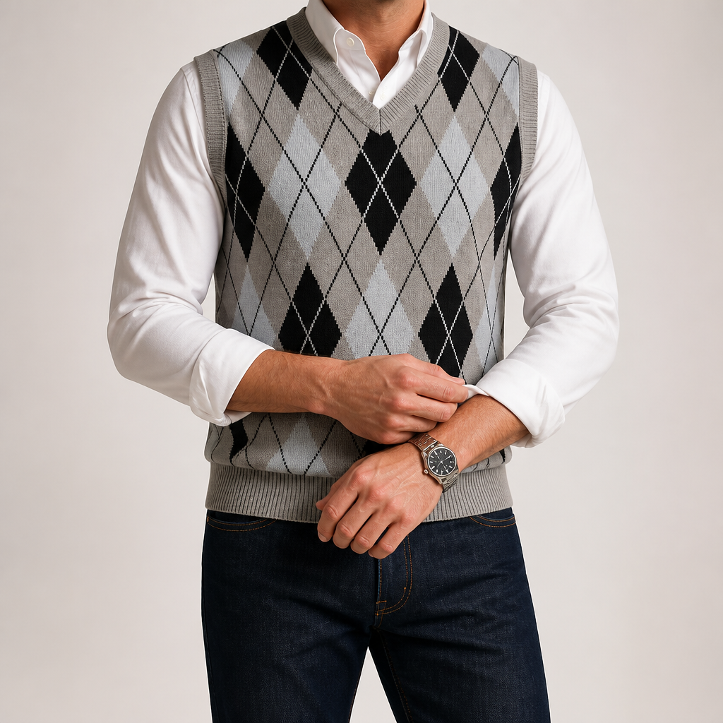 Leo | Mens Argyle Jacquard V Neck Knit Preppy Pullover Sweater Vest, Grey
