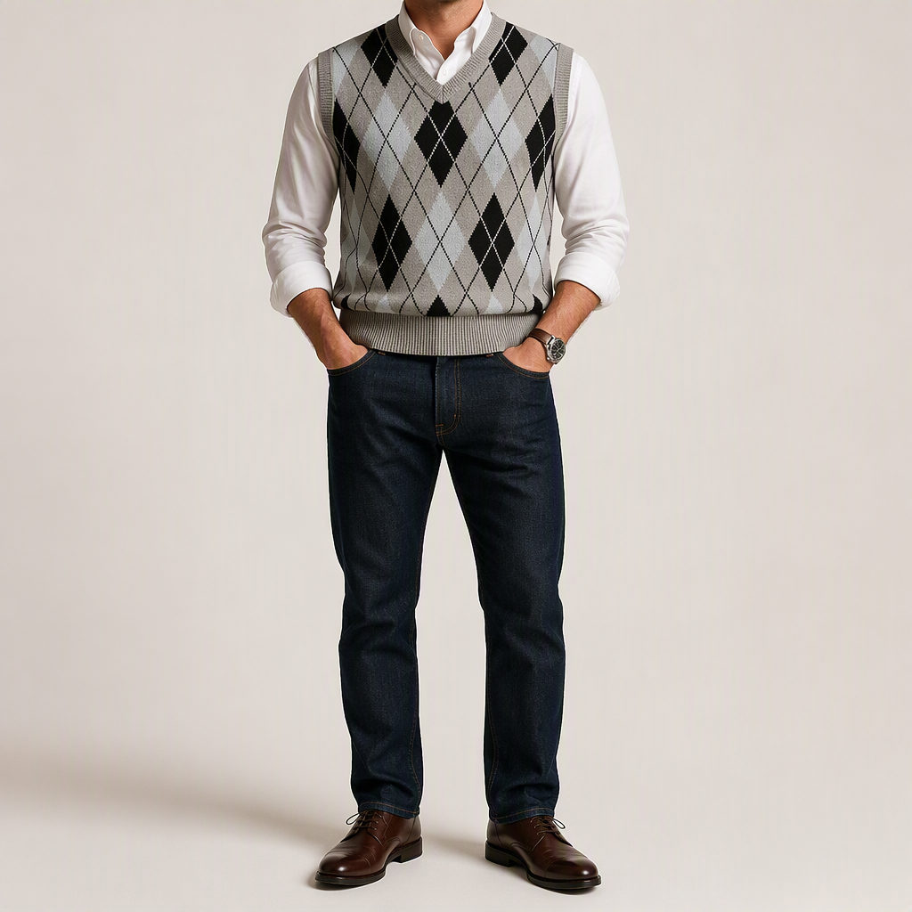 Leo | Mens Argyle Jacquard V Neck Knit Preppy Pullover Sweater Vest, Grey