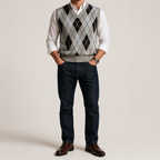 Leo | Mens Argyle Jacquard V Neck Knit Preppy Pullover Sweater Vest, Grey