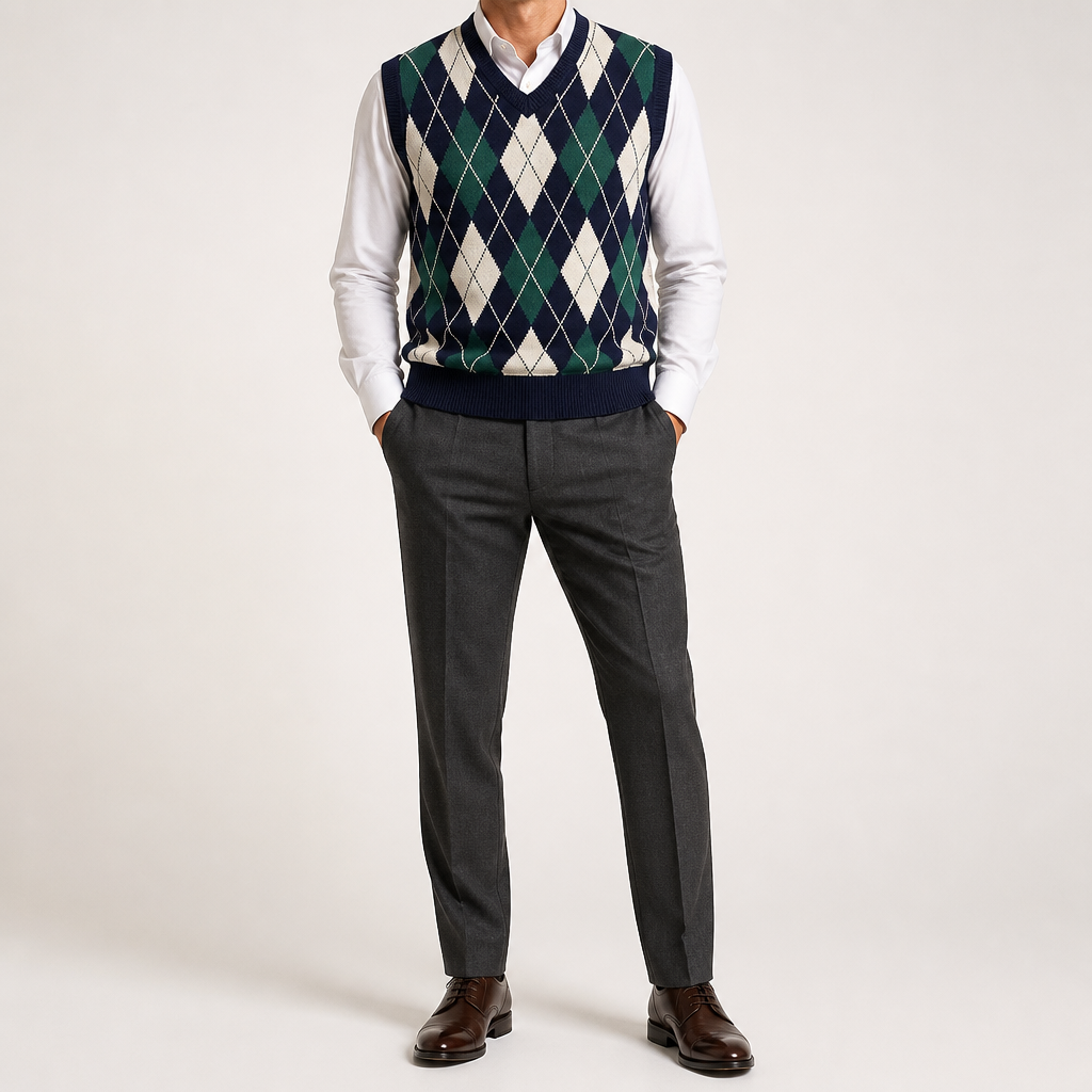 Leo | Mens Argyle Jacquard V Neck Knit Preppy Pullover Sweater Vest, Navy