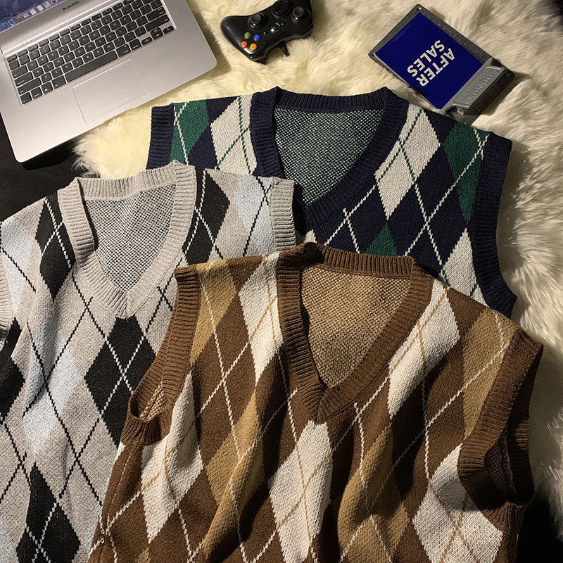 Leo | Mens Argyle Jacquard V Neck Knit Preppy Pullover Sweater Vest