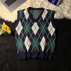 Leo | Mens Argyle Jacquard V Neck Knit Preppy Pullover Sweater Vest, Navy