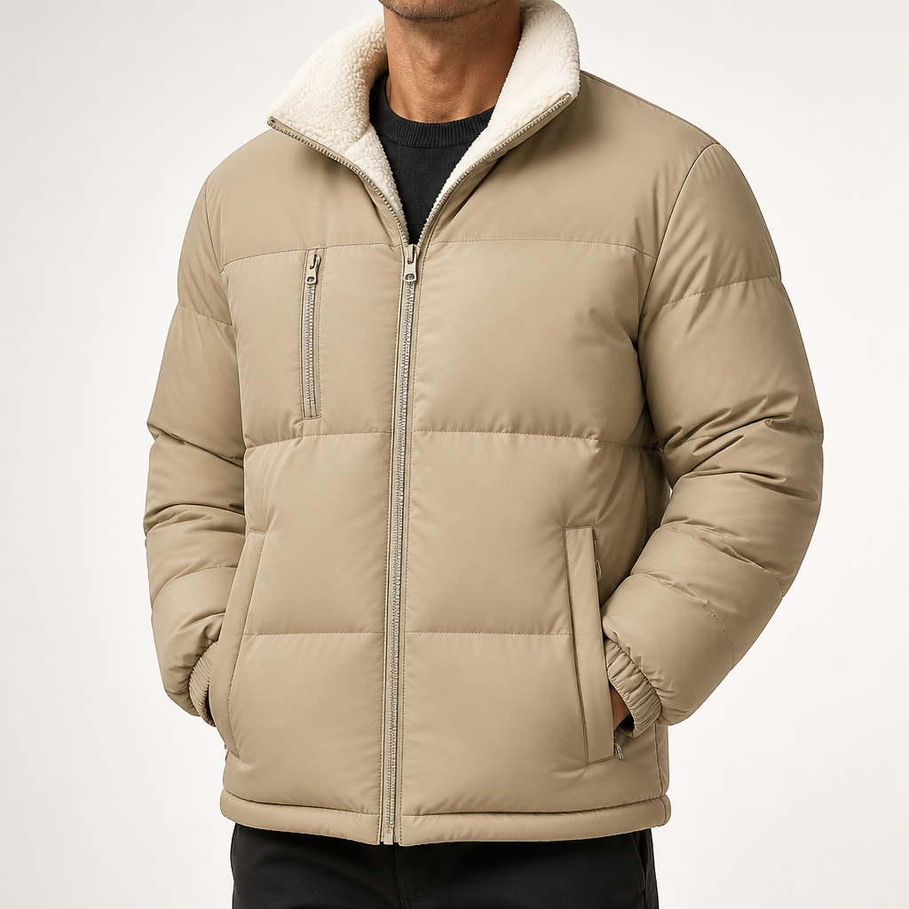 Lester | Mens Fleece Lamb Wool Warm Thick Stand Collar Winter Top, Khaki