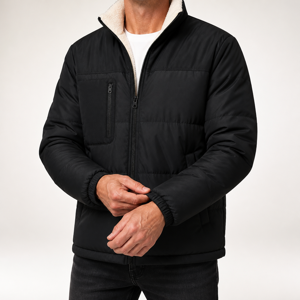 Lester | Mens Fleece Lamb Wool Warm Thick Stand Collar Winter Top, Black