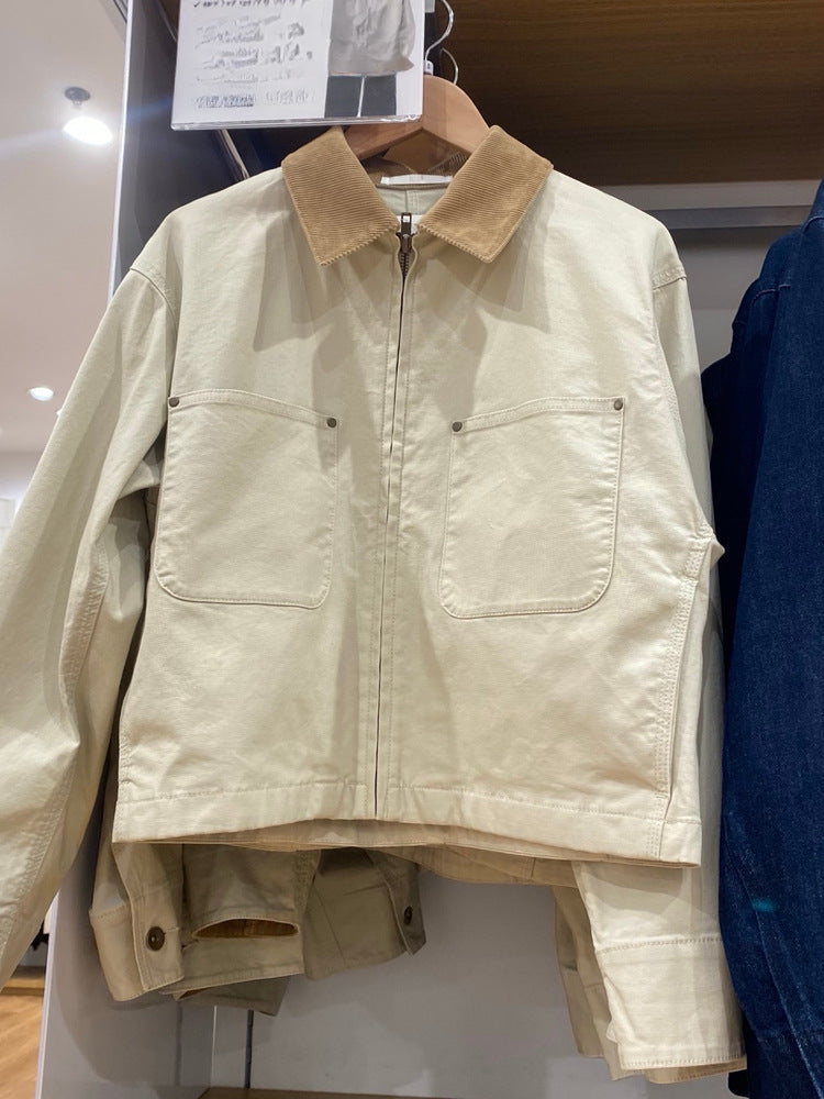 Leticia | Womens Cropped Corduroy Collar Canvas Zip Up Chore Work Jacket