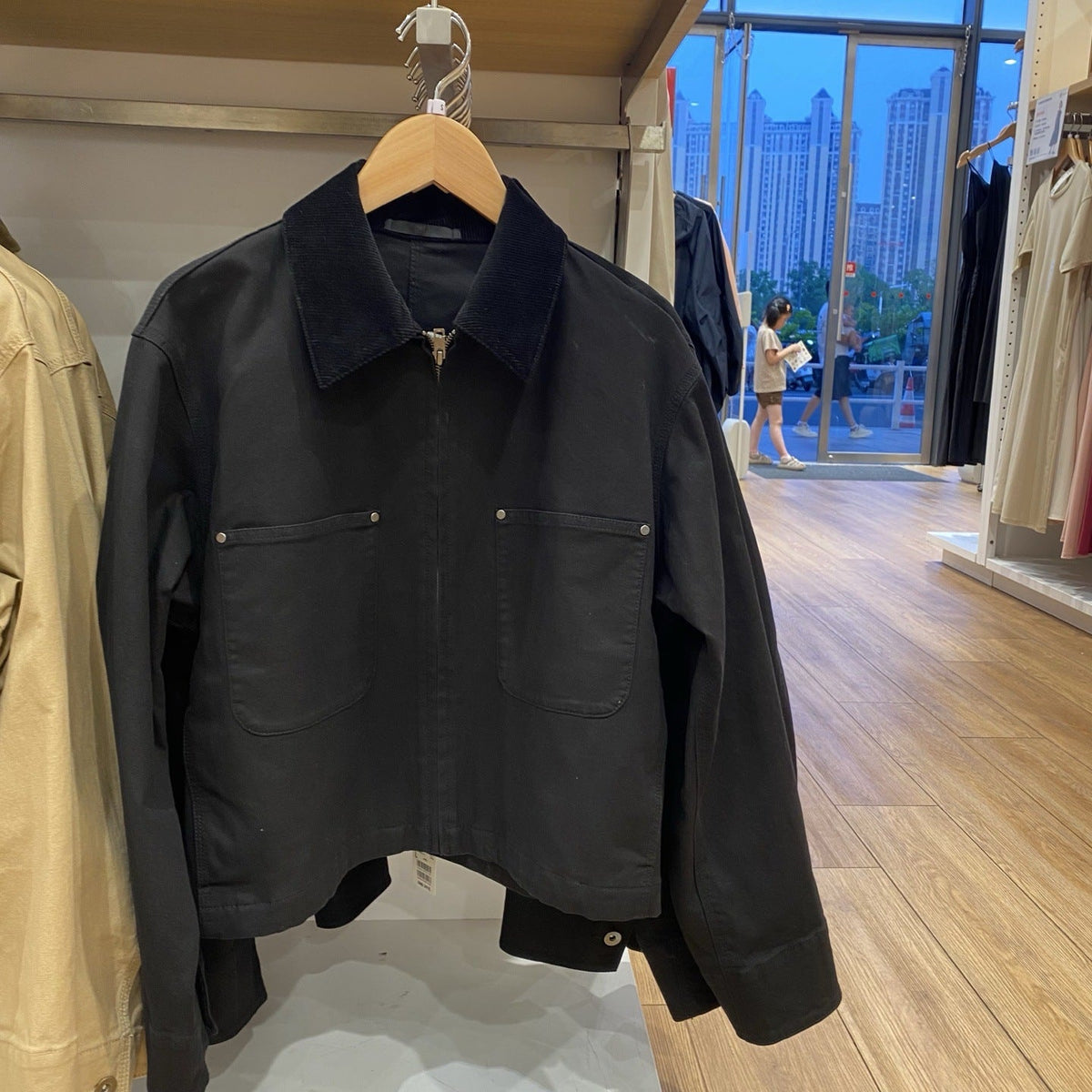 Leticia | Womens Cropped Corduroy Collar Canvas Zip Up Chore Work Jacket