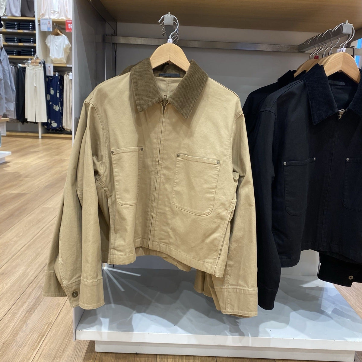 Leticia | Womens Cropped Corduroy Collar Canvas Zip Up Chore Work Jacket