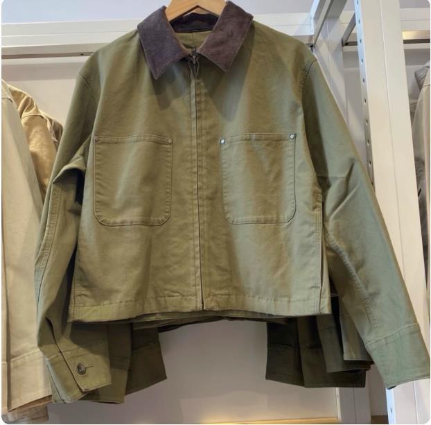 Leticia | Womens Cropped Corduroy Collar Canvas Zip Up Chore Work Jacket
