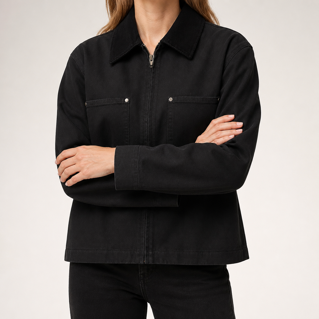 Leticia | Womens Cropped Corduroy Collar Canvas Zip Up Chore Work Jacket, Black