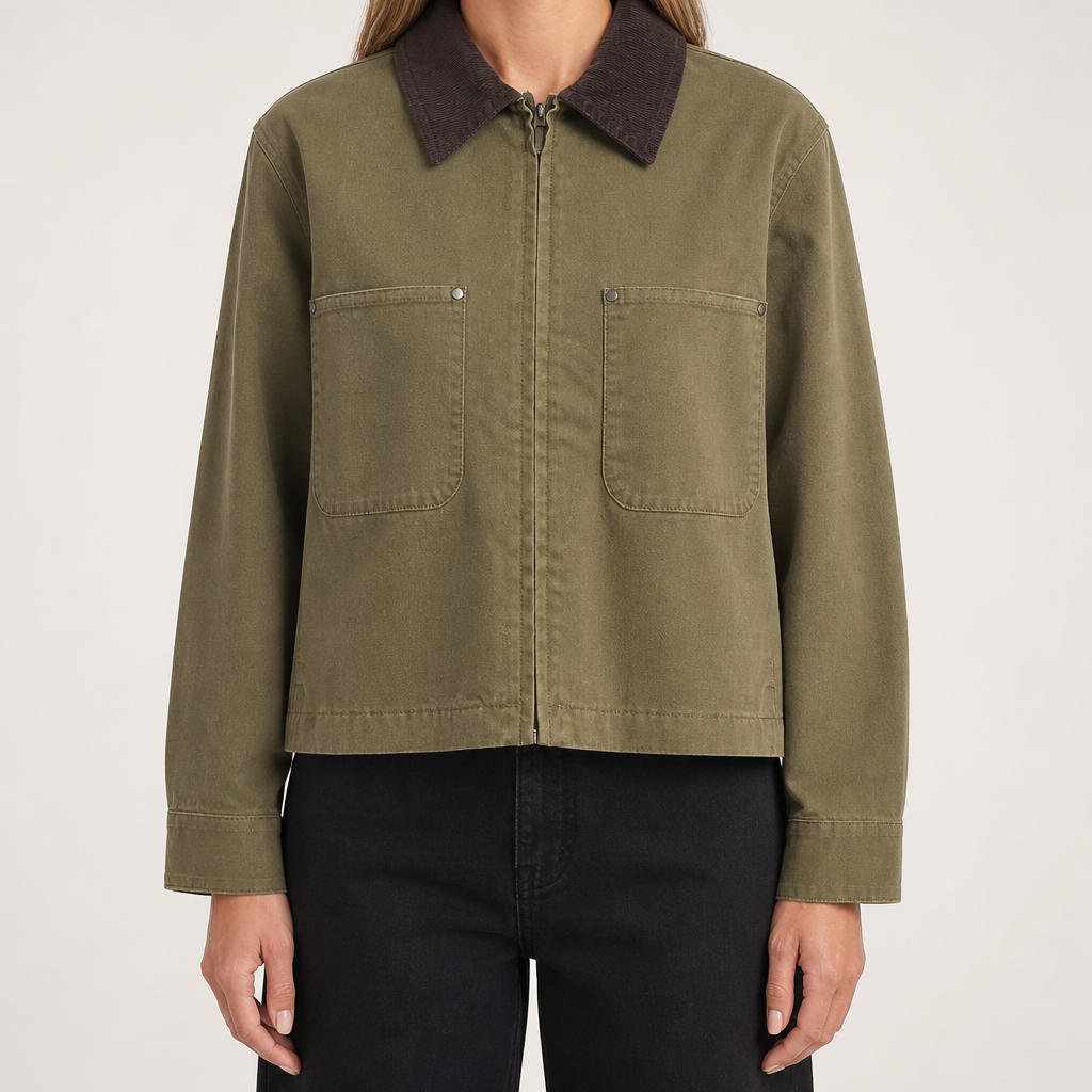 Leticia | Womens Cropped Corduroy Collar Canvas Zip Up Chore Work Jacket, Navy Blue
