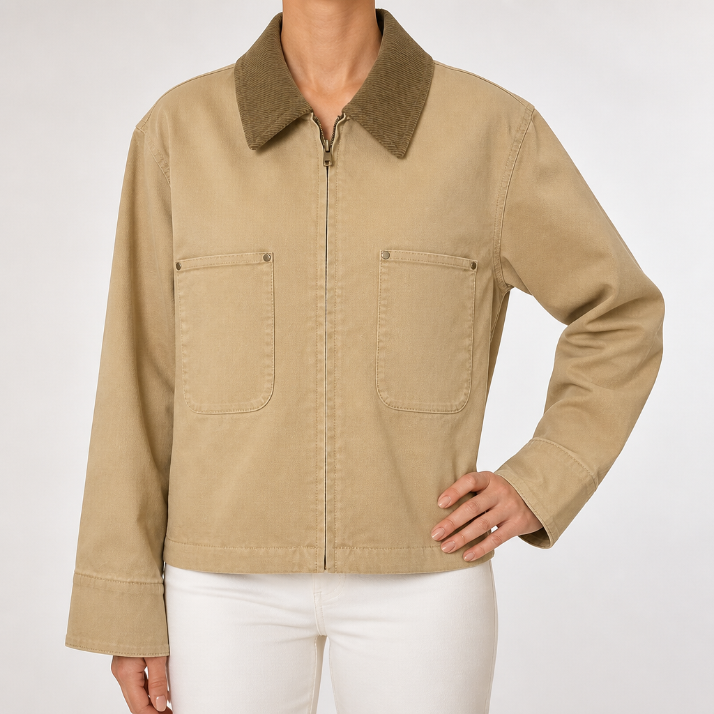 Leticia | Womens Cropped Corduroy Collar Canvas Zip Up Chore Work Jacket, Dark Beige