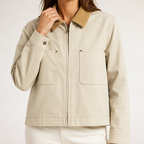 Leticia | Womens Cropped Corduroy Collar Canvas Zip Up Chore Work Jacket, Light Beige