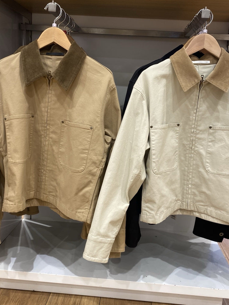 Leticia | Womens Cropped Corduroy Collar Canvas Zip Up Chore Work Jacket