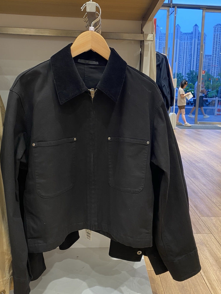 Leticia | Womens Cropped Corduroy Collar Canvas Zip Up Chore Work Jacket
