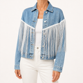 Lexi | Womens Distressed Fringe Denim Jacket, Blue