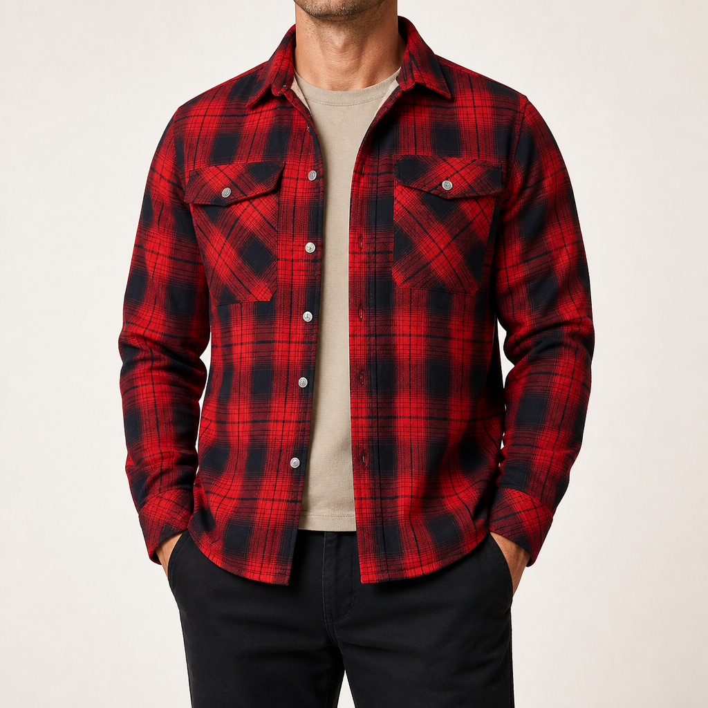 Lincoln | Mens Flannel Plaid Fleece Lined Quilted Winter Shirt Jacket, Red Fleece Lined