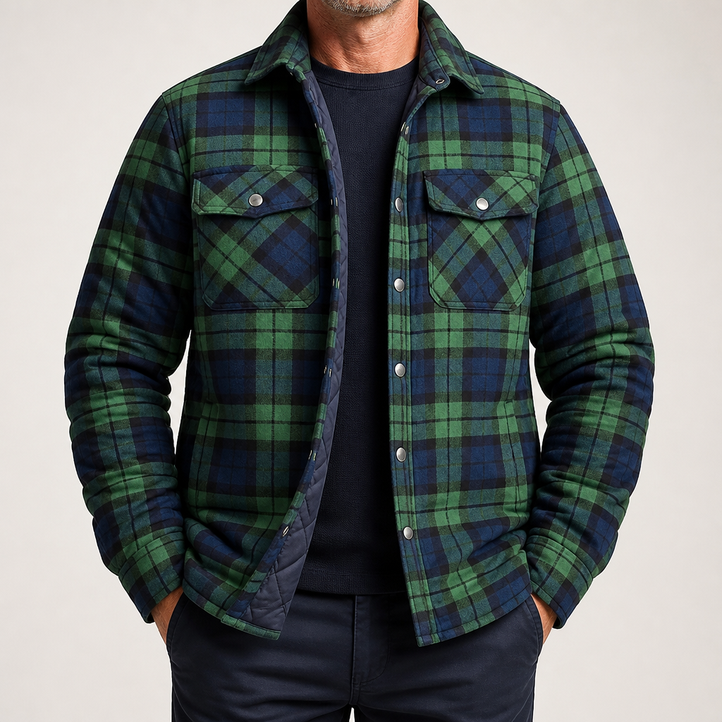 Lincoln | Mens Flannel Plaid Fleece Lined Quilted Winter Shirt Jacket, Green Quilted