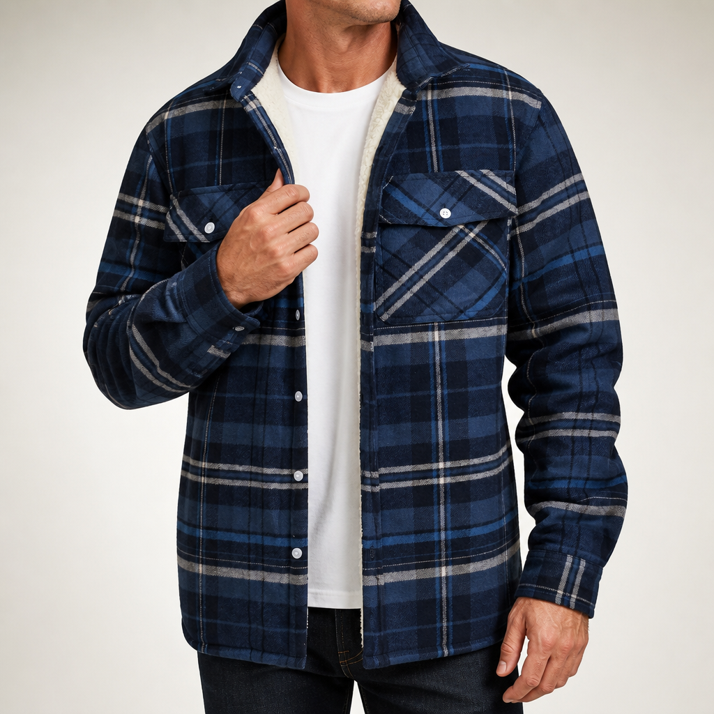 Lincoln | Mens Flannel Plaid Fleece Lined Quilted Winter Shirt Jacket, Navy Blue Fleece Lined