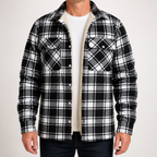Lincoln | Mens Flannel Plaid Fleece Lined Quilted Winter Shirt Jacket, Black White Fleece Lined