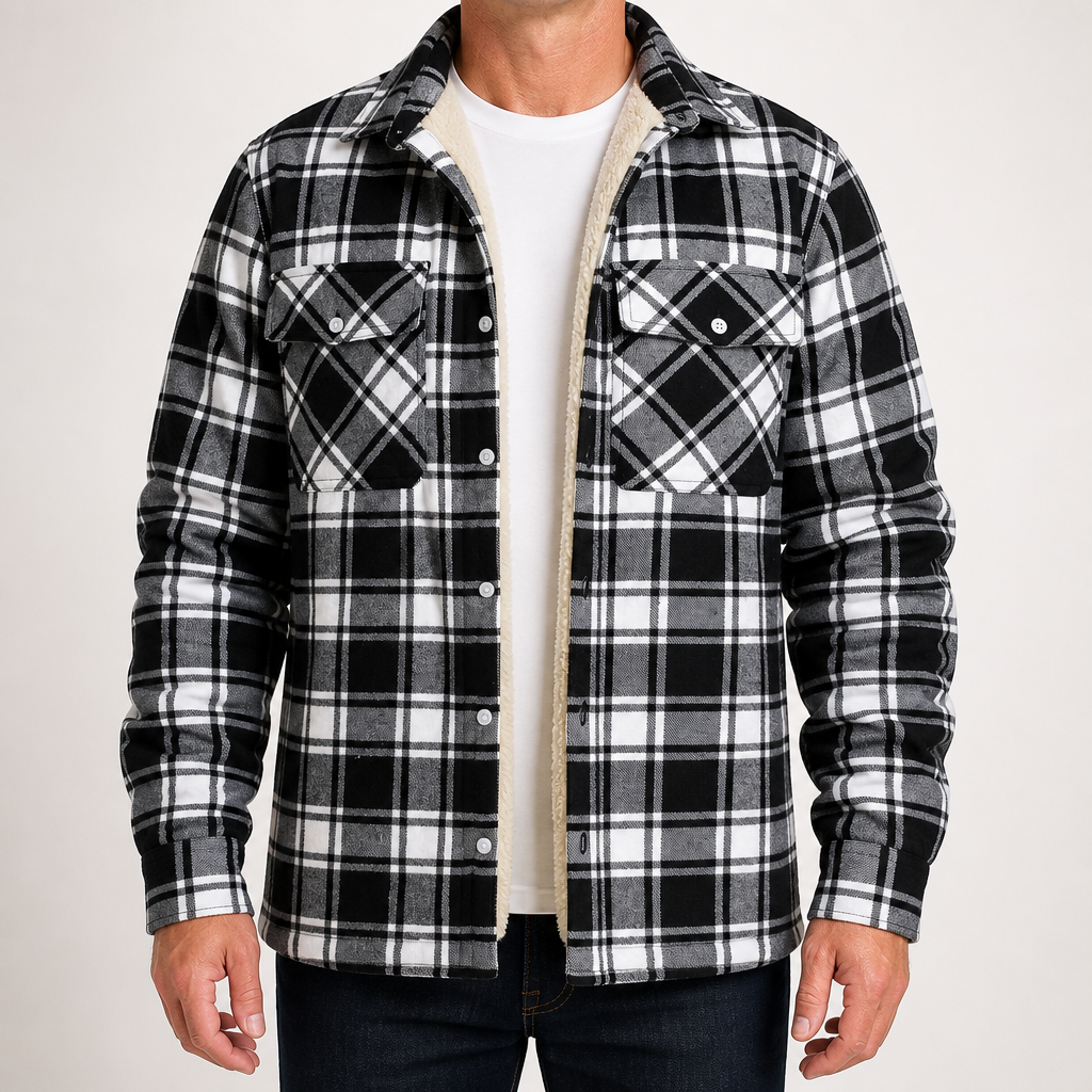 Lincoln | Mens Flannel Plaid Fleece Lined Quilted Winter Shirt Jacket, Black White Fleece Lined