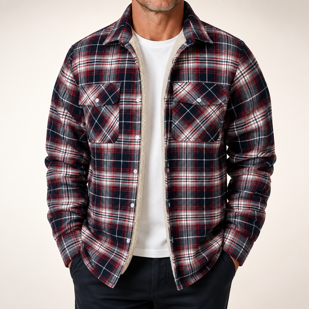 Lincoln | Mens Flannel Plaid Fleece Lined Quilted Winter Shirt Jacket, Wine Red Fleece Lined
