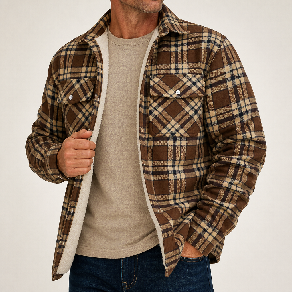 Lincoln | Mens Flannel Plaid Fleece Lined Quilted Winter Shirt Jacket, Khaki Fleece Lined
