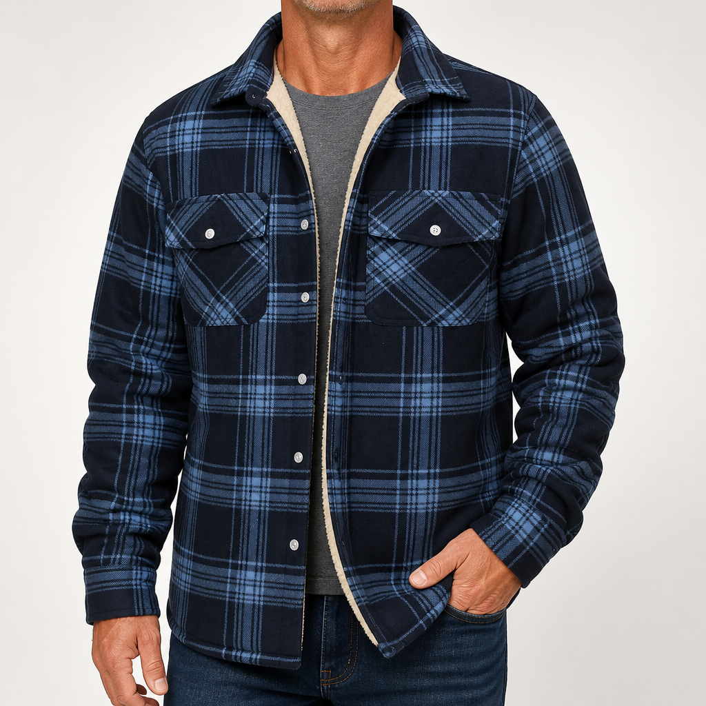 Lincoln | Mens Flannel Plaid Fleece Lined Quilted Winter Shirt Jacket, Dark Blue Plaid Fleece Lined