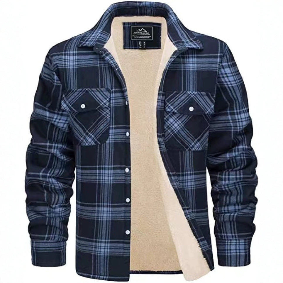Lincoln | Mens Flannel Plaid Fleece Lined Quilted Winter Shirt Jacket, Dark Blue Plaid Fleece Lined