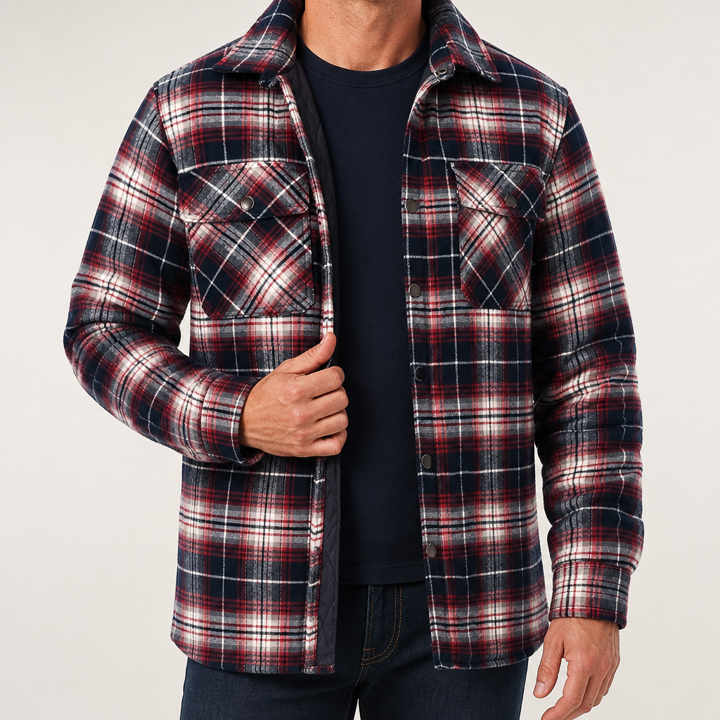Lincoln | Mens Flannel Plaid Fleece Lined Quilted Winter Shirt Jacket, Burgundy Quilted
