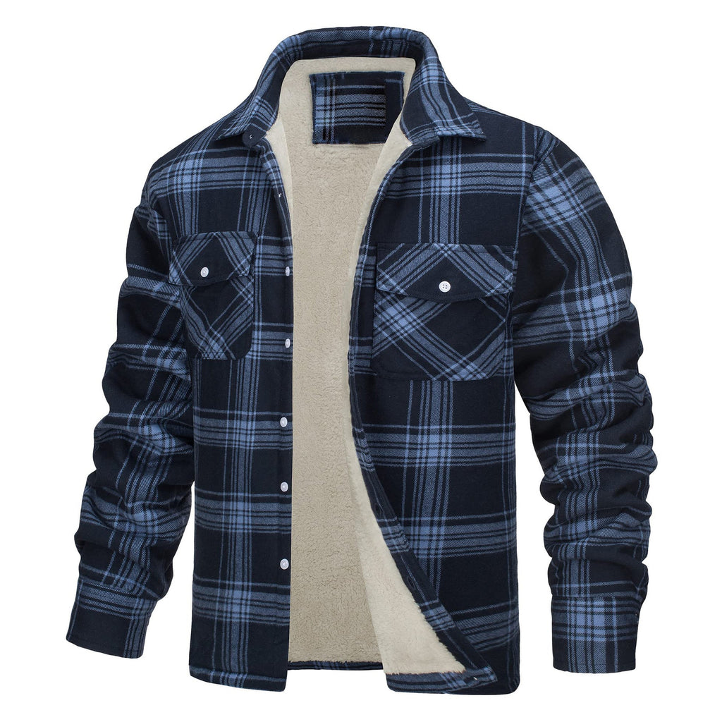 Lincoln | Mens Flannel Plaid Fleece Lined Quilted Winter Shirt Jacket, Dark Blue Plaid Fleece Lined