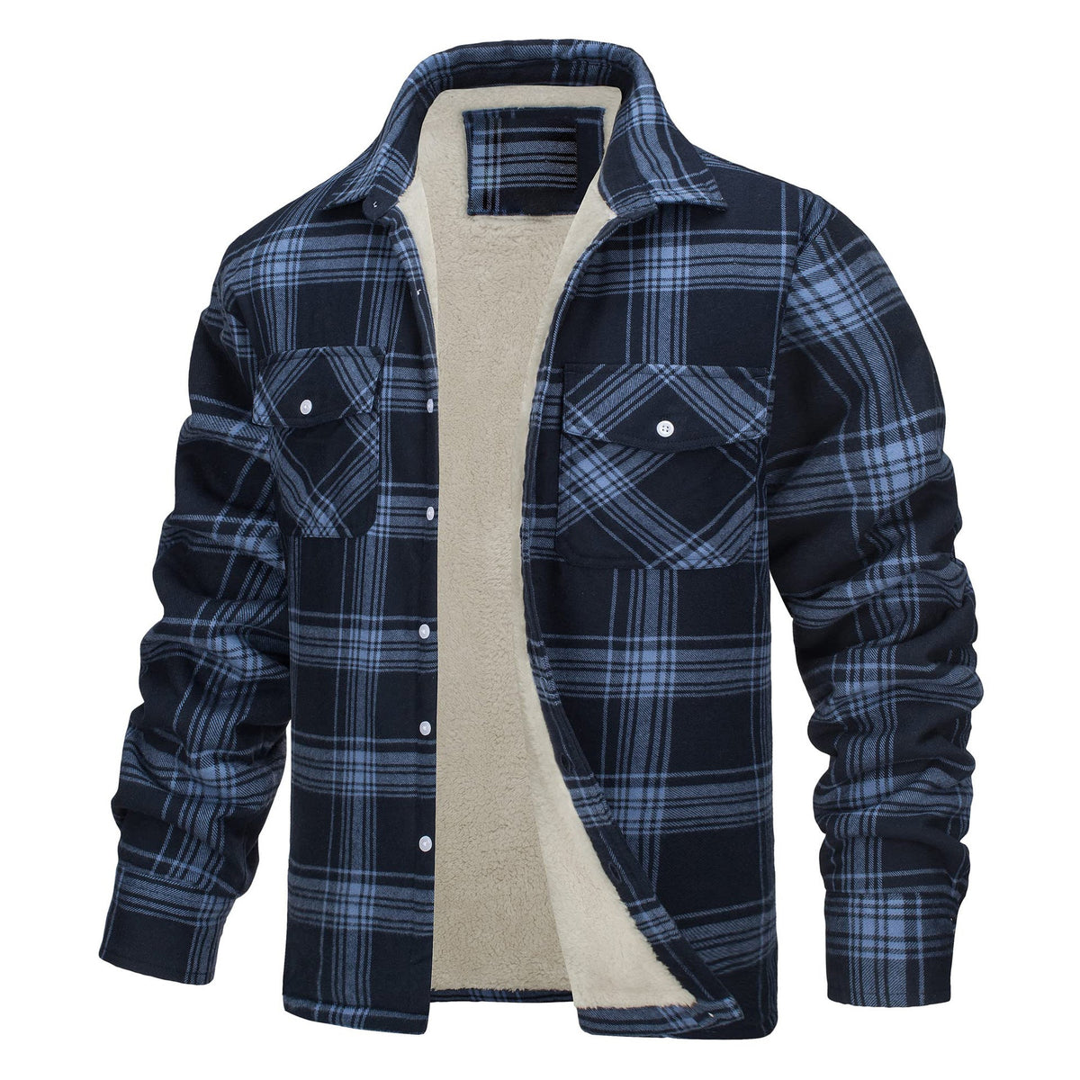 Lincoln | Mens Flannel Plaid Fleece Lined Quilted Winter Shirt Jacket, Dark Blue Plaid Fleece Lined
