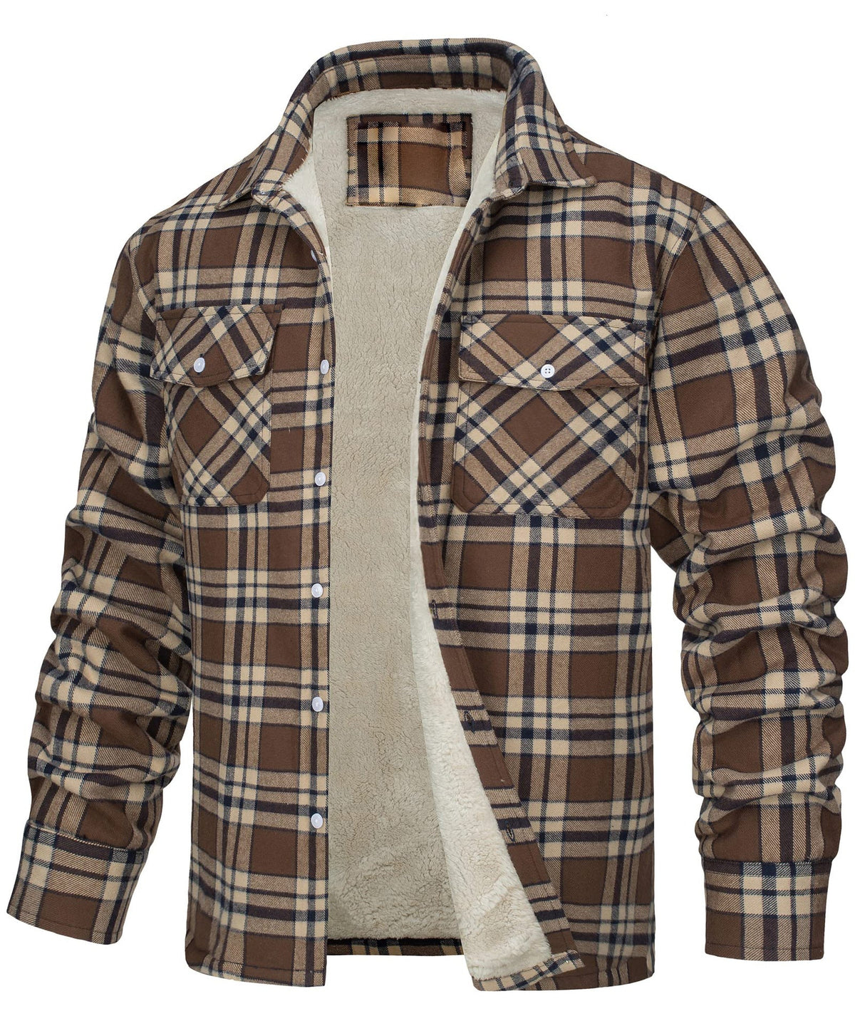 Lincoln | Mens Flannel Plaid Fleece Lined Quilted Winter Shirt Jacket, Khaki Fleece Lined