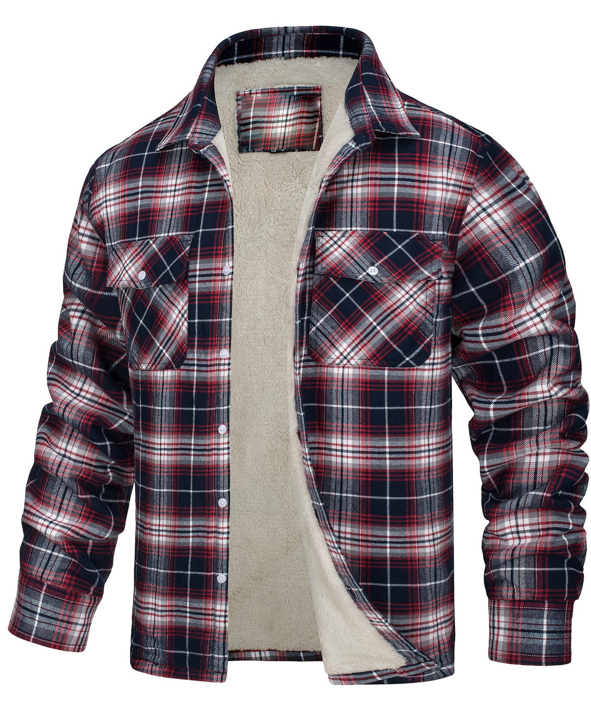 Lincoln | Mens Flannel Plaid Fleece Lined Quilted Winter Shirt Jacket, Wine Red Fleece Lined