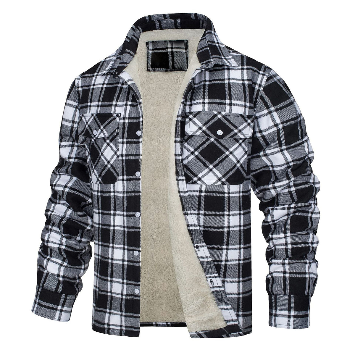 Lincoln | Mens Flannel Plaid Fleece Lined Quilted Winter Shirt Jacket, Black White Fleece Lined