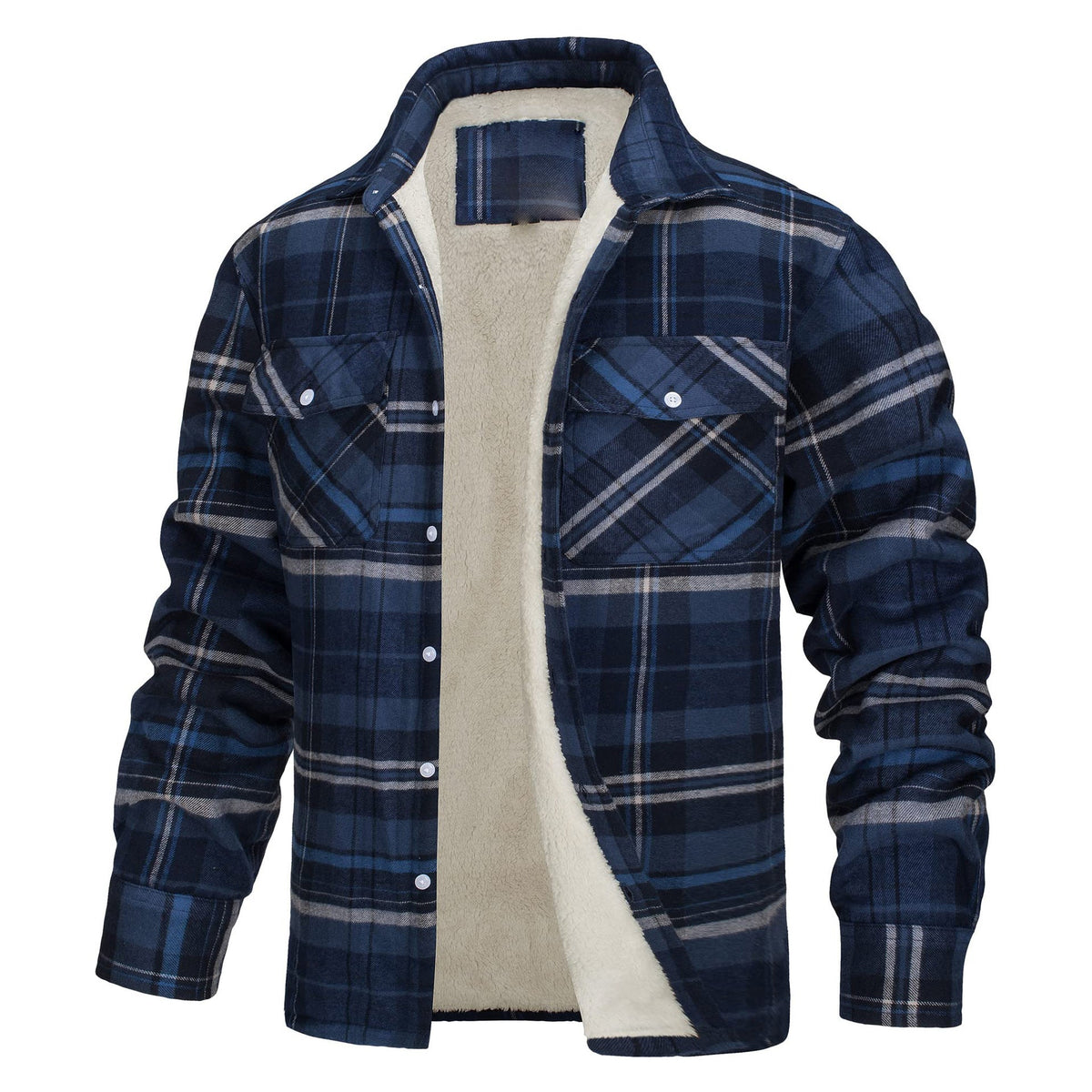 Lincoln | Mens Flannel Plaid Fleece Lined Quilted Winter Shirt Jacket, Navy Blue Fleece Lined