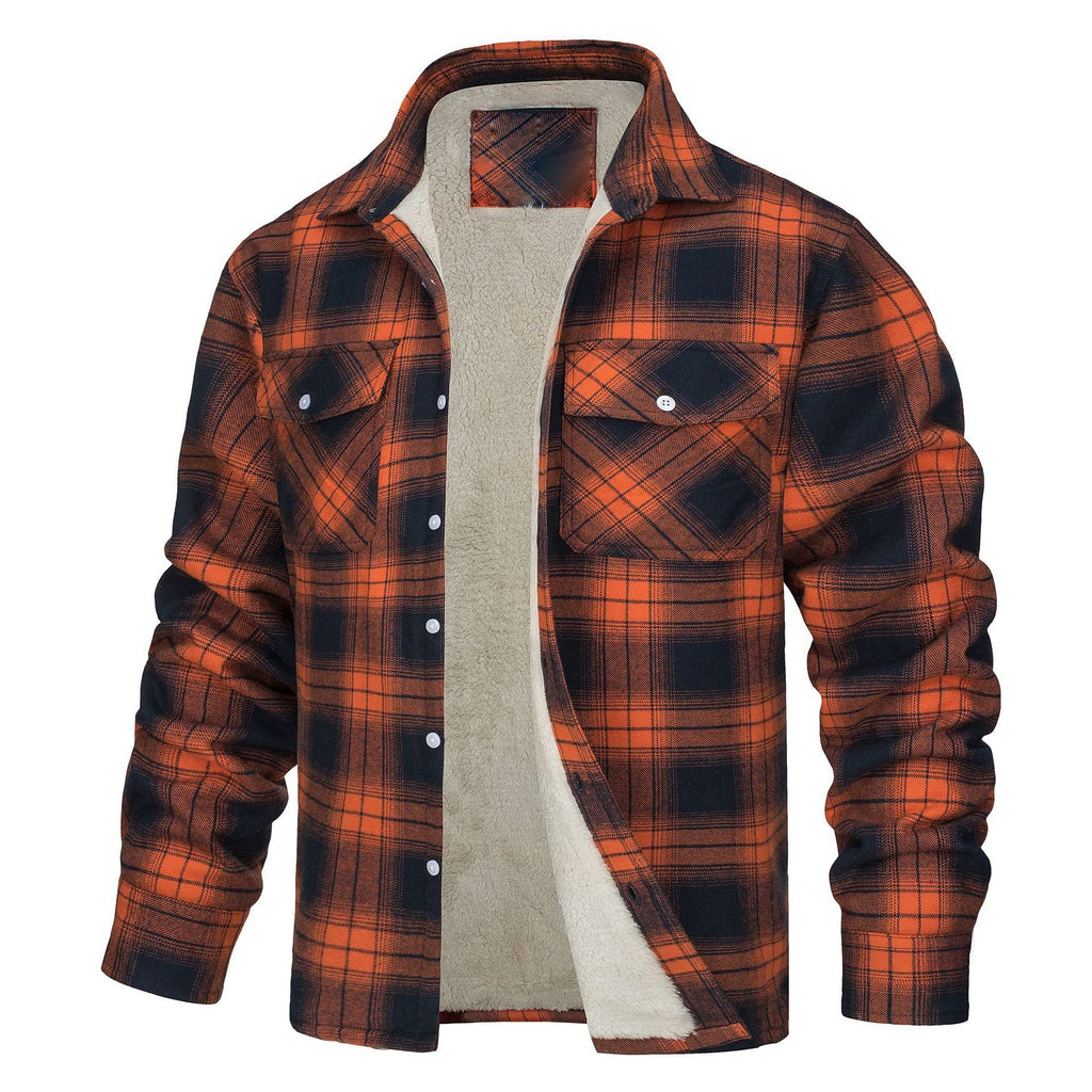 Lincoln | Mens Flannel Plaid Fleece Lined Quilted Winter Shirt Jacket, Orange Fleece Lined